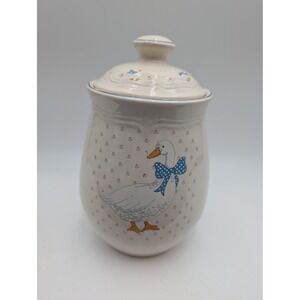 Tienshan Aunt Rhody Stoneware Canister Cream Blue Goose Bow Farmhouse 8 Inch
